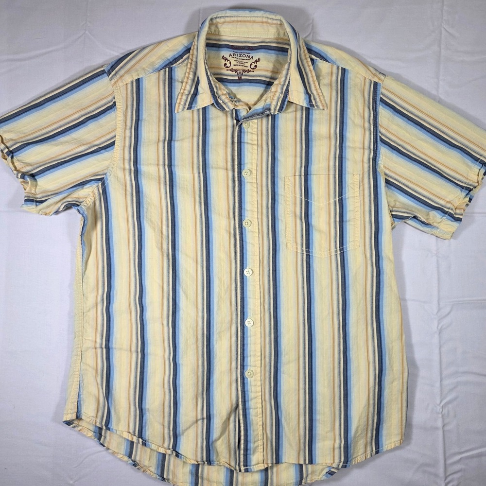 Arizona Jean Co Mens Blue Yellow Striped Short Sleeve Button Down Shirt Medium